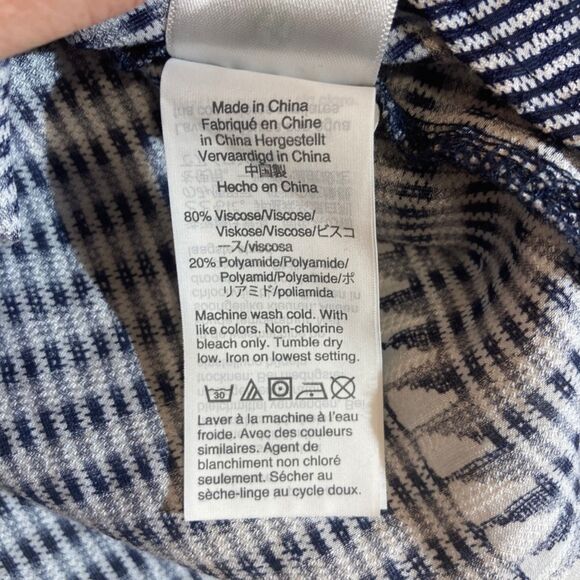 J Crew Blouse XS Navy Re-Imagined Ruffle Neck Button Up Stripe Geometric Design - Picture 8 of 11